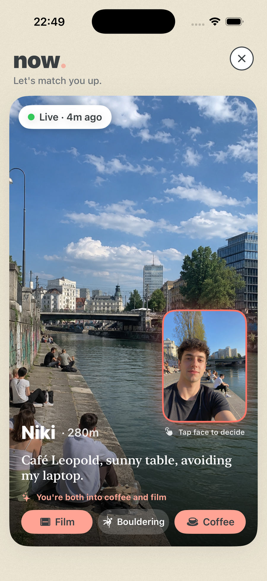 The Now app showing a nearby person in Vienna who is free to meet