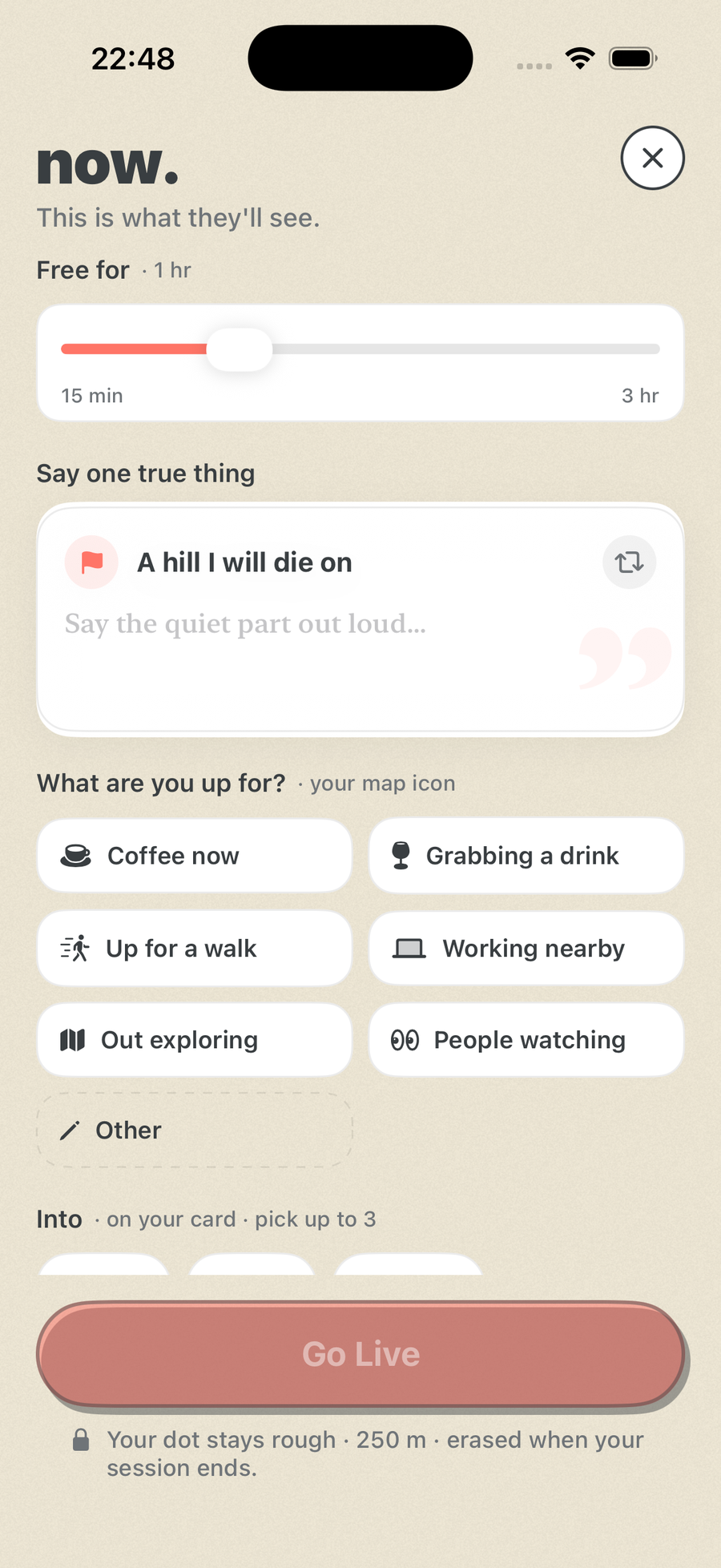 The Now app asking what you are up for right now