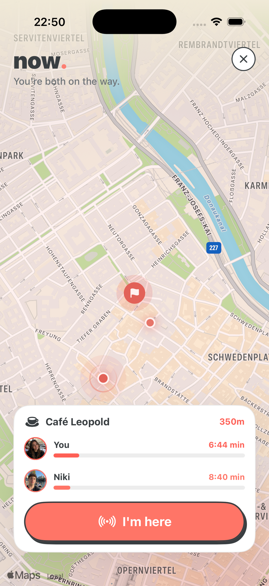 The Now app showing the chosen meeting spot and how long each person needs to get there